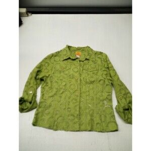 Woman's 10P Petite Ruby Rd. Green Sheer Button Up Long Sleeve Top Shirt